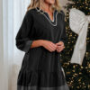 Black Contrast Stitched V Neck 3/4 Sleeve Tiered Mini Dress