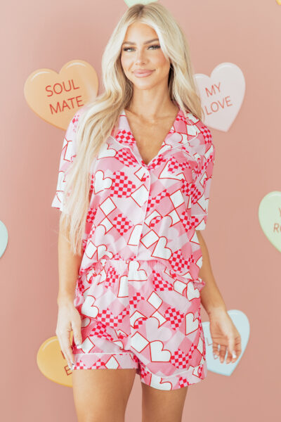 Pink Heart Print Shirt Style Silky Short Pajama Set