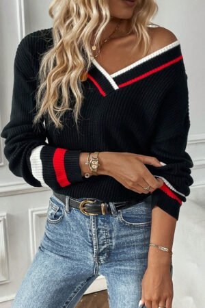 Black Contrast Striped Trim V Neck Drop Shoulder Sweater - Image 4