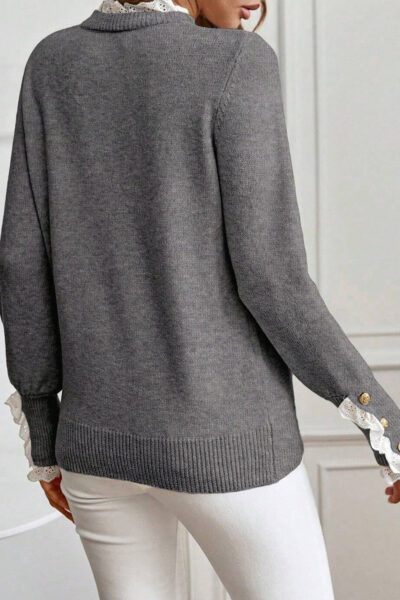 Sleet Lace Trim Patchwork Buttoned Cuffs Loose Sweater