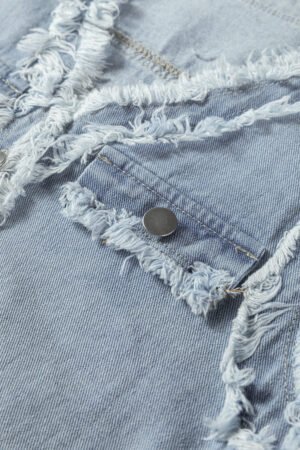 Beau Blue Frayed Edge Flap Pockets Denim Vest Jacket - Image 9