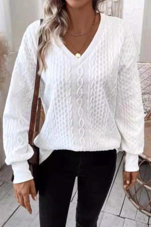 White Solid Color Textured V Neck Drop Shoulder Knit Top - Image 3