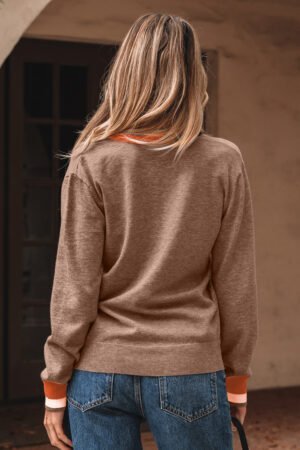 Dark Khaki Contrast Striped Trim V Neck Varsity Sweater - Image 2