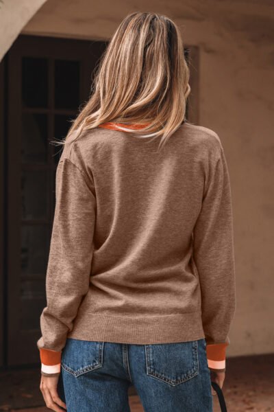 Dark Khaki Contrast Striped Trim V Neck Varsity Sweater