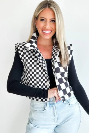 Black Double Checked Stand Collar Cropped Puffer Vest - Image 4