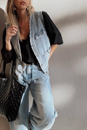 Beau Blue Frayed Edge Flap Pockets Denim Vest Jacket - Image 5