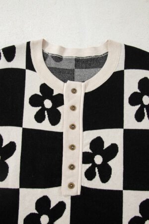 Black Flower Plaid Henley Baggy Sweater - Image 6