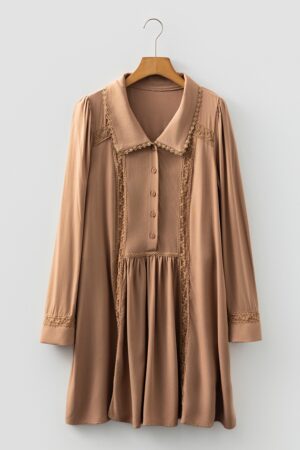 Straw Yellow Lace Trim Peter Pan Collar Long Sleeve Mini Shirt Dress - Image 6