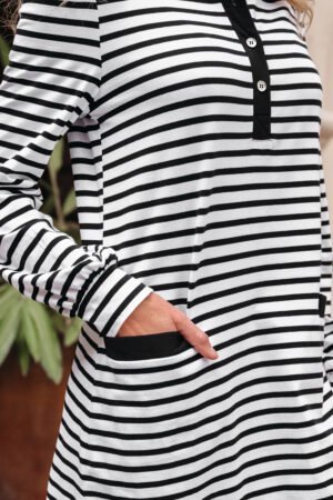 White Stripe Buttoned Front Collared Long Sleeve T Shirt Dress with Pockets - Image 16