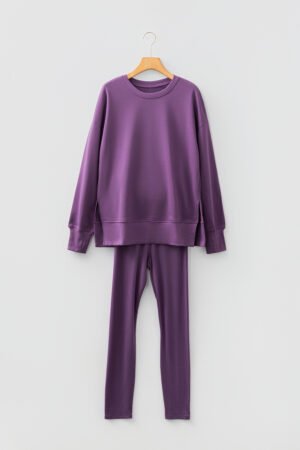 Orchid Mist Solid Color Oversize Slit Sweatshirt Ribbed Leggings 2pcs Set - Image 6