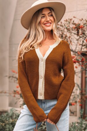 Chestnut Contrast Knit V Neckline Short Cardigan - Image 14