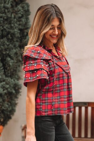 Alternative view of Red Festive Plaid Pearl Embellished Ruffle Short Sleeve Blouse