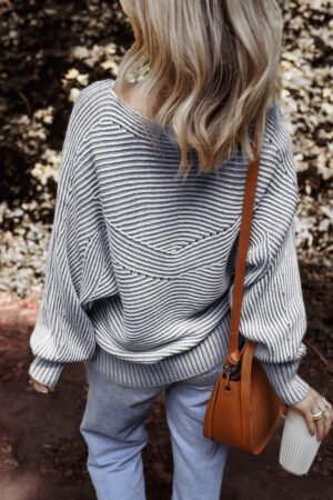 Ashleigh Blue Striped Print Ribbed Knit Boat Neck Baggy Sweater - Image 2