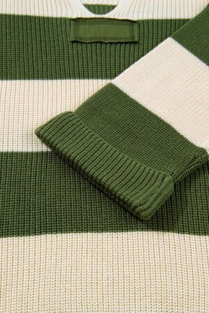Green Stripe Colorblock Notched Neck Plus Size Sweater - Image 6