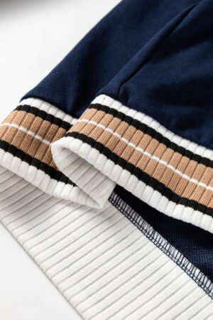 Navy Blue Varsity Contrast Striped Trim V Neck Sweatshirt - Image 9