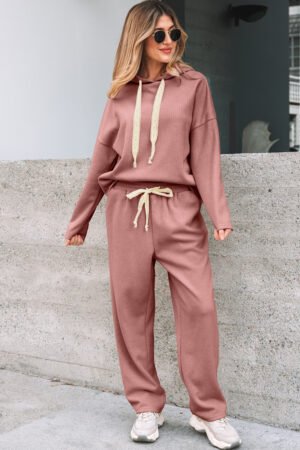 Rose Tan Lace Drawstring Pullover Hoodie and High Waist Pants Corduroy Suit - Image 7