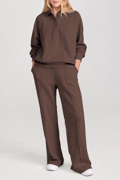 Alternative view of Dark Brown Solid Collared Sweatshirt and High Waist Pants Active Set