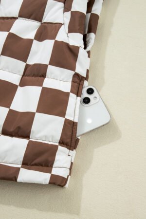 Brown Double Checked Stand Collar Cropped Puffer Vest - Image 8