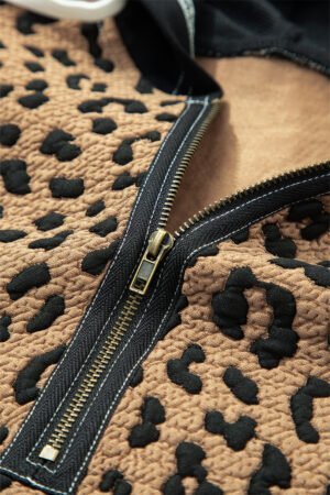 Brown Leopard Patchwork Contrast Stitching Knotted Cuff Quarter Zip Hoodie - Image 8