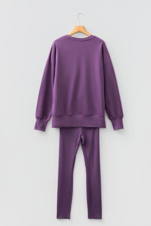 Orchid Mist Solid Color Oversize Slit Sweatshirt Ribbed Leggings 2pcs Set - Image 7