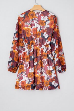 Red Floral Print Wrap V Neck Puff Sleeve Flowy Mini Dress - Image 5