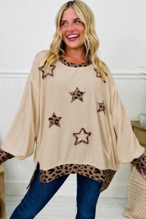 Beige Contrast Leopard Star Patchwork Detail Raw Seam Baggy Sweatshirt - Image 5