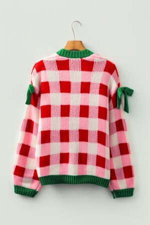 Pink Plaid Knit Bow Knot Decor Open Front Sweater Cardigan - Image 4