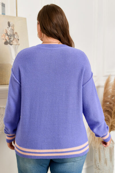 Wisteria Plus Size Striped Trim Drop Shoulder Knit Loose Sweater