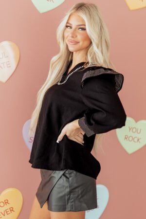 Black Contrast Stitched Detail V Neck Ruffle Long Sleeve Blouse - Image 10