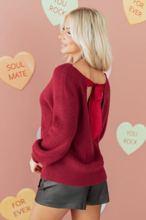 Red Dahlia Ribbed Knit Ribbon Knot Backless Drop Shoulder Sweater - Image 15