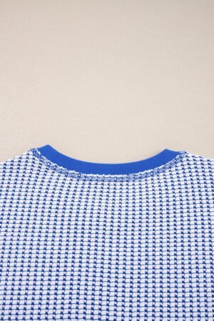 Dark Blue Waffle Knit Exposed Stitching Casual Top with Side Slits - Image 7