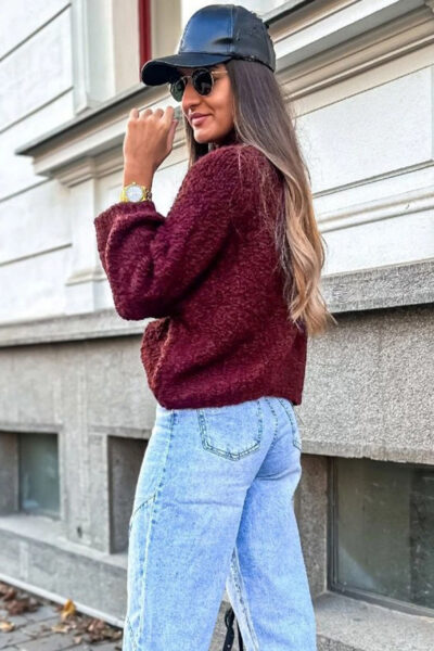 Burgundy Popcorn Mock Neck Solid Sweater