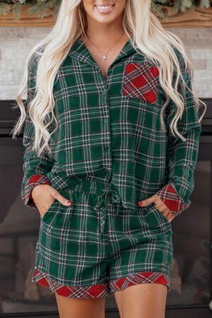 Green Plaid Contrast Patched Christmas Holiday Long Sleeve Shirt and Short 2pcs Pajama Set - Image 5