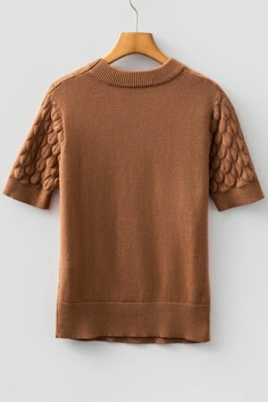 Straw Yellow Fish Scale Textured Knit Ribbed High Neck Short Sleeve Sweater - Image 10