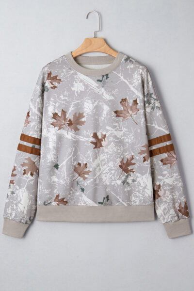 Gray Maple Leaf Camo Print Varsity Striped Sleeve Casual Sweatshirt