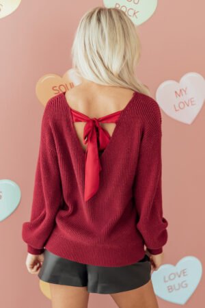 Red Dahlia Ribbed Knit Ribbon Knot Backless Drop Shoulder Sweater - Image 11