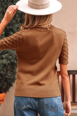 Straw Yellow Fish Scale Textured Knit Ribbed High Neck Short Sleeve Sweater - Image 2