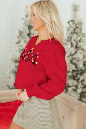 Tomato Red Christmas Tree Embroidered Notched Neck Cropped Sweatshirt - Image 2