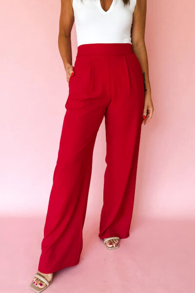 Fiery Red Pleated Detail Pull On High Elastic Waist Loose Straight Pants