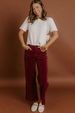 Burgundy Corduroy Solid Color High Waist Wide Leg Pants - Image 4