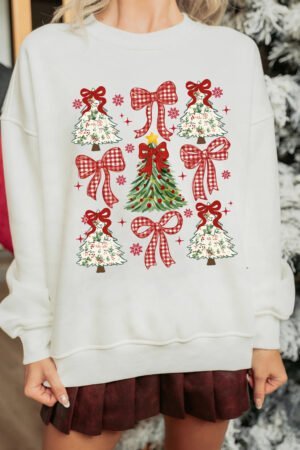 White Christmas Tree Ribbon Bow Printed Drop Shoulder Sweatshirt - Image 4