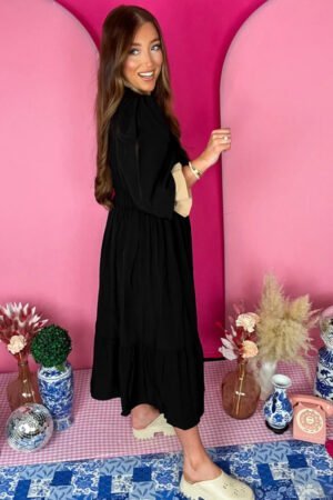Alternative view of Black Contrast Leopard Frilled Trim V Neck Bracelet Sleeve Midi Dress