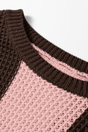 Fushia Striped Color Block Thermal Textured Knit Drop Shoulder Sweater - Image 5