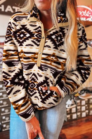 Khaki Western Aztec Half Placket Plush Sweatshirt