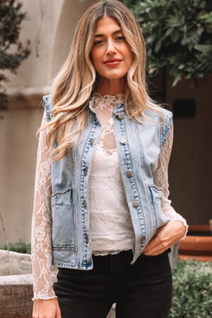 Beau Blue Scalloped Trim Patch Pocket Button Front Denim Vest - Image 11