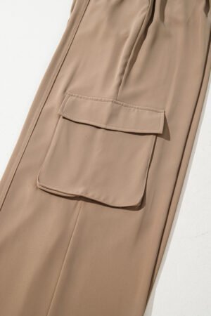 Camel Solid Color Elastic High Waist Loose Cargo Pants - Image 10