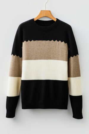 Black Colorblock Crew Neck Drop Shoulder Sweater - Image 9