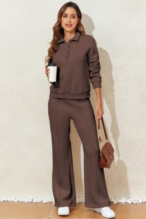 Dark Brown Solid Collared Sweatshirt and High Waist Pants Active Set - Image 7