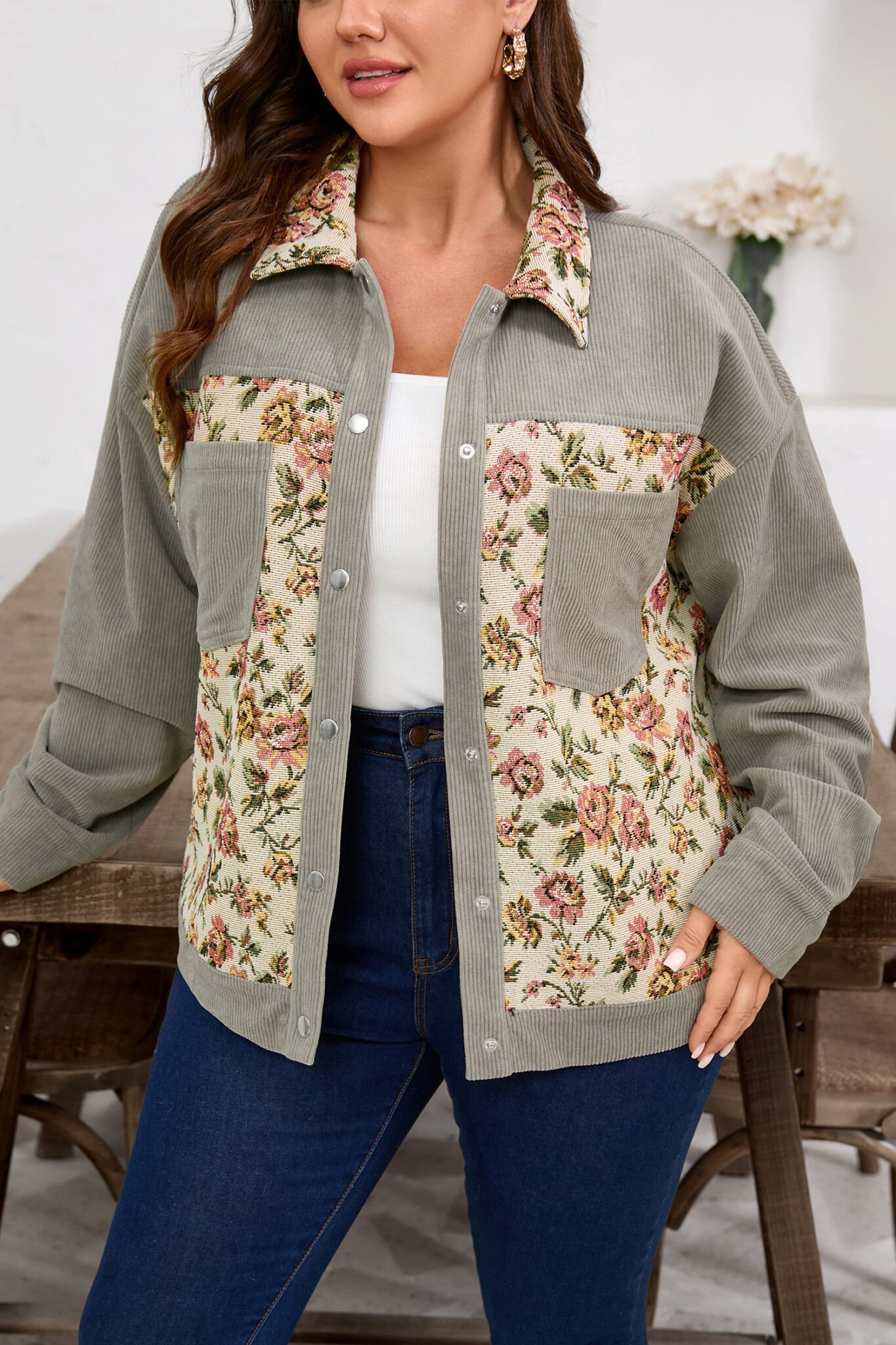 Medium Grey Corduroy Floral Patchwork Vintage Jacket - Image 14