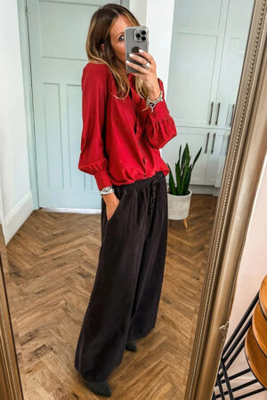 Fiery Red Frilled Trim Button Up Pleated Long Sleeve Shirt - Image 6
